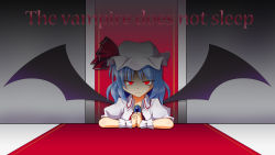 Rule 34 | 1girl, ascot, bat wings, blouse, blue hair, brooch, english text, frown, hat, hat ribbon, highres, interlocked fingers, jewelry, kurenaidahlia, looking at viewer, mob cap, own hands clasped, own hands together, puffy short sleeves, puffy sleeves, red eyes, remilia scarlet, ribbon, shaded face, shirt, short hair, short sleeves, slit pupils, solo, touhou, tsurime, wings, wrist cuffs