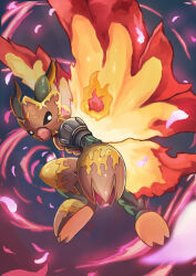 Rule 34 | armor, bug, colored skin, digimon, digimon (creature), fiery wings, fire, full body, green skin, grey background, highres, kou (xcws3487), pink fire, red armor, shadramon, solo, wings