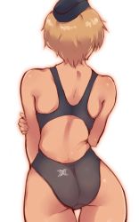 Rule 34 | 1girl, ass, blonde hair, brave witches, contrapposto, em (totsuzen no hakike), facing away, from behind, garrison cap, hand on own elbow, hat, one-piece swimsuit, solo, swimsuit, thighs, waltrud krupinski, white bag, world witches series