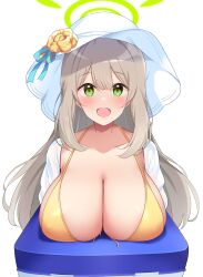 Rule 34 | 1girl, :d, bikini, blue archive, breast rest, breasts, brown hair, collarbone, green eyes, green halo, halo, hat, highres, large breasts, long hair, looking at viewer, nonomi (blue archive), nonomi (swimsuit) (blue archive), official alternate costume, open mouth, rokushou kokuu, smile, solo, swimsuit, upper body, white hat, yellow bikini