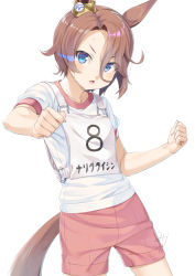 Rule 34 | 1girl, animal ears, blue eyes, blush, brown hair, commentary request, gym shirt, gym shorts, gym uniform, hair between eyes, horse ears, horse girl, horse tail, looking at viewer, miri (ago550421), narita taishin (umamusume), open mouth, parted bangs, puffy short sleeves, puffy sleeves, red shorts, shirt, short shorts, short sleeves, shorts, signature, simple background, solo, tail, translation request, umamusume, white background, white shirt