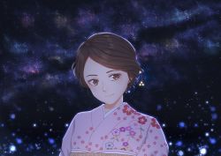 Rule 34 | 1girl, brown eyes, brown hair, remembrance of earth&#039;s past, earrings, floral print, japanese clothes, jewelry, kimono, looking at viewer, pink kimono, portrait, print kimono, shadow, smile, solo, sophon, upper body, user hscj5233