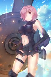 Rule 34 | 1girl, absurdres, ahoge, armor, armored dress, bare legs, bare shoulders, black armor, black dress, black footwear, black gloves, black greaves, blush, boots, breasts, closed mouth, clothing cutout, cloud, dress, elbow gloves, embers, fate/grand order, fate (series), female focus, gloves, greaves, hair over one eye, hand on own hip, highres, holding, holding shield, holmemee, knee boots, large breasts, legband, legs, light purple hair, looking at viewer, mash kyrielight, multicolored clothes, multicolored gloves, navel, navel cutout, outdoors, purple eyes, purple gloves, serious, shield, short dress, short hair, sky, sleeveless, sleeveless dress, solo, standing, type-moon