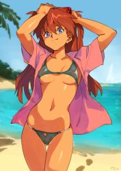 Rule 34 | 1girl, bad id, bad twitter id, beach, bikini, blue eyes, boat, breasts, brown hair, commentary, english commentary, hands on own head, interface headset, long hair, looking at viewer, medium breasts, navel, neon genesis evangelion, ocean, open clothes, open shirt, optionaltypo, palm tree, sand, shirt, short sleeves, signature, smile, solo, souryuu asuka langley, swimsuit, tree, watercraft