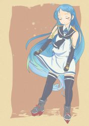 Rule 34 | 1girl, absurdres, black gloves, black neckerchief, black sailor collar, black thighhighs, blue hair, boots, closed eyes, commentary request, elbow gloves, full body, gloves, gradient hair, highres, kantai collection, long hair, multicolored hair, neckerchief, one-hour drawing challenge, sailor collar, samidare (kancolle), shirt, skirt, skirt hold, sleeveless, sleeveless shirt, solo, standing, swept bangs, thighhighs, thrux, very long hair, white shirt, white skirt