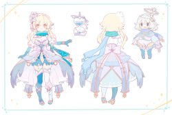 Rule 34 | 2girls, absurdres, aiguillette, amakawa tamawo, asymmetrical footwear, asymmetrical legwear, back bow, bare shoulders, blonde hair, blue bow, blue capelet, blue dress, blue scarf, blue thighhighs, blush, boots, bow, bracelet, breasts, capelet, character sheet, cleavage, closed mouth, commentary request, constellation print, detached sleeves, dress, elbow gloves, feather hair ornament, feathers, flower, genshin impact, gloves, hair flower, hair ornament, high-low skirt, highres, hourglass, jewelry, looking at viewer, lumine (genshin impact), medium breasts, mismatched footwear, mismatched legwear, multiple girls, multiple views, paimon (genshin impact), scarf, short hair with long locks, smile, thighhighs, white bow, white dress, white flower, white footwear, white hair, white thighhighs, yellow eyes