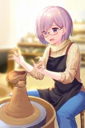 Rule 34 | 1girl, alternate costume, apron, black-framed eyewear, black apron, blue pants, blurry, blurry background, denim, eyes visible through hair, failure, fate/grand order, fate (series), glasses, hair over one eye, haru (hiyori-kohal), indoors, long sleeves, mash kyrielight, open mouth, pants, pink hair, potters wheel, pottery, purple eyes, ribbed sweater, short hair, sitting, solo, sweater, yellow sweater