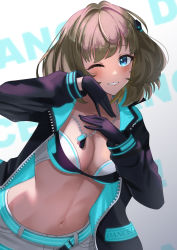 Rule 34 | 1girl, absurdres, black gloves, blue eyes, blush, bob cut, breasts, cleavage, gloves, green hair, grin, highres, idolmaster, idolmaster cinderella girls, idolmaster cinderella girls starlight stage, jacket, kamoromance614, looking at viewer, medium breasts, mole, mole under eye, multicolored clothes, multicolored jacket, navel, neon trim, simple background, smile, solo, stomach, takagaki kaede, two-tone jacket