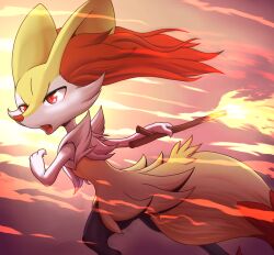 Rule 34 | 1girl, animal ear fluff, animal ears, animal nose, arm up, black fur, body fur, braixen, creatures (company), fangs, female focus, fire, fox ears, fox girl, fox tail, from side, furry, furry female, game freak, gen 6 pokemon, hand up, highres, holding, holding stick, multicolored fur, neck fur, nintendo, open mouth, outstretched arm, pokemon, pokemon (creature), pyrokinesis, red eyes, running, snout, solo, standing, stick, stoic5, tail, tongue, white fur, yellow fur