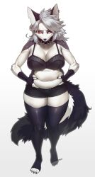Rule 34 | 1girl, :3, absurdres, animal ears, animal feet, animal nose, artist name, bare shoulders, belly, black bra, black gloves, black panties, black shorts, black thighhighs, body fur, bra, breasts, buttons, claws, cleavage, closed mouth, collar, collarbone, colored sclera, commission, earrings, female focus, fingerless gloves, full body, furry, furry female, gloves, gradient background, grey hair, heel up, helluva boss, highres, huge breasts, jewelry, looking down, loona (helluva boss), medium hair, multiple earrings, navel, no shirt, notched ear, open fly, panties, pgm300, plump, purple fur, red sclera, shiny clothes, short shorts, shorts, signature, simple background, skindentation, snout, solo, spiked collar, spikes, standing, sweat, tail, thick thighs, thighhighs, thighs, toeless legwear, two-tone fur, underwear, v-shaped eyebrows, weight conscious, white background, white eyes, white fur, wolf ears, wolf girl, wolf tail, zipper