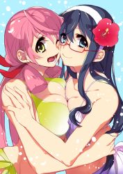 Rule 34 | 10s, 2girls, ;d, akashi (kancolle), asymmetrical docking, bare arms, bare shoulders, bikini, black hair, blue eyes, blush, breast press, breasts, cheek-to-cheek, flower, glasses, green eyes, hair between eyes, hair flower, hair ornament, hair ribbon, hairband, happy, hazuki (nature.), heads together, hibiscus, hug, imminent kiss, kantai collection, large breasts, long hair, looking at viewer, midriff, multiple girls, one eye closed, ooyodo (kancolle), open mouth, pink hair, ribbon, smile, swimsuit, teeth, tress ribbon, upper body, wince, yuri