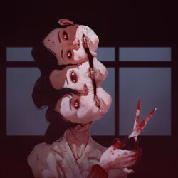 Rule 34 | 1girl, black hair, black sclera, blood, blood on clothes, blood on hands, bloody weapon, colored sclera, extra eyes, glubonit, highres, horror (theme), jacket, long hair, multiple heads, scissor woman (world of horror), scissors, solo, teeth, weapon, window, world of horror, yellow eyes