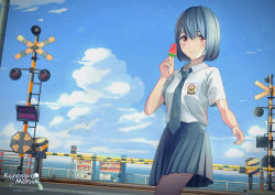 Rule 34 | 1girl, absurdres, blue hair, blue necktie, blue sky, blush, boom barrier, closed mouth, copyright request, day, food, grey skirt, highres, holding, holding food, indonesia, indonesian high school uniform, looking at viewer, necktie, ocean, outdoors, popsicle, railing, railroad crossing, red eyes, sayybils, school uniform, short hair, short sleeves, skirt, sky, smile, solo, summer, vending machine, watermelon bar