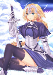 Rule 34 | 10s, 1girl, absurdres, armor, black thighhighs, blonde hair, blue eyes, braid, breasts, fate/apocrypha, fate/extella, fate/extra, fate/grand order, fate (series), gu li, headpiece, highres, holding, holding sword, holding weapon, jeanne d&#039;arc (fate), jeanne d&#039;arc (ruler) (fate), large breasts, long hair, looking at viewer, parted lips, sitting, solo, sword, thighhighs, weapon