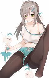 Rule 34 | 1girl, bird, black pantyhose, breasts, casual, closed mouth, clothing aside, collarbone, commentary request, dolphin shorts, foot out of frame, green eyes, green shorts, green trim, grey hair, hair ornament, hairpin, highres, holding, holding mahjong tile, honkai: star rail, honkai (series), inniyik, invisible chair, knee up, long hair, looking at viewer, mahjong, mahjong tile, medium breasts, midriff, navel, off-shoulder shirt, off shoulder, pantyhose, qingque (honkai: star rail), shirt, shorts, shorts aside, sidelocks, simple background, single off shoulder, sitting, solo, spread legs, stomach, white background, white shirt