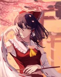 Rule 34 | 1girl, absurdres, arm up, ascot, bare shoulders, bow, branch, breasts, brown eyes, brown hair, cherry blossoms, closed mouth, collared shirt, detached sleeves, frills, gohei, hair between eyes, hair ornament, hair tubes, hakurei reimu, hands up, highres, japanese clothes, long sleeves, looking at viewer, medium breasts, miko, ofuda, orange background, oranumu, petals, red bow, red shirt, red skirt, shirt, short hair, skirt, smile, solo, standing, torii, touhou, tree, wide sleeves, yellow ascot, yin yang, yin yang print