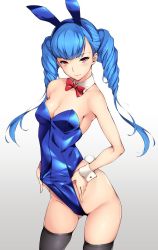 Rule 34 | 1girl, animal ears, armpits, bad anatomy, black thighhighs, blue hair, blue leotard, bow, bowtie, breasts, cleavage, collarbone, cowboy shot, detached collar, fake animal ears, from side, gradient background, grey background, groin, hairband, highleg, highleg panties, leaning forward, legs apart, leotard, leotard pull, lifting own clothes, long hair, looking at viewer, medium breasts, narrow waist, panties, playboy bunny, rabbit ears, rabbit tail, red bow, red bowtie, red eyes, skindentation, solo, standing, strapless, strapless leotard, sugarbeat, tail, thighhighs, twintails, underwear, white background, wide hips
