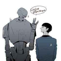 Rule 34 | crossover, k-2so, pointy ears, robot, rogue one: a star wars story, salute, spock, star trek, star wars, star wars: rogue one, starfleet uniform, tagme, vulcan, vulcan salute