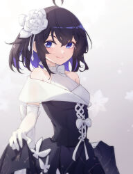 Rule 34 | 1girl, ahoge, bare shoulders, blue eyes, blue hair, closed mouth, colored inner hair, dress, elbow gloves, flower, gloves, hair between eyes, hair flower, hair ornament, highres, holding, holding clothes, holding skirt, honkai (series), honkai impact 3rd, ling huanxiang, looking at viewer, multicolored hair, off-shoulder dress, off shoulder, seele vollerei, short hair, skirt, smile, solo