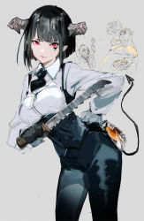Rule 34 | 2girls, black hair, blunt bangs, bread, collared shirt, demon girl, demon tail, eyelashes, food, gloves, grey background, hands on own hips, highres, hime-sama &quot;goumon&quot; no jikan desu, hime (himesama goumon), holding, holding weapon, horns, knife, looking at viewer, multiple girls, necktie, orc, pants, princess (hime-sama &quot;goumon&quot; no jikan desu), red eyes, shirt, short hair, simple background, sketch, slit pupils, smile, so-bin, tail, torture tortura, weapon