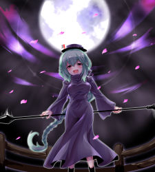 1girl, :d, aqua hair, black bow, black dress, black headwear, blush, bow, braid, breasts, cherry blossoms, commentary request, cowboy shot, crazy, dress, evil smile, eyebrows visible through hair, fence, french braid, full moon, half-closed eyes, hat, hat bow, impossible clothes, kemoyuri, large breasts, laughing, long braid, long dress, long hair, long sleeves, looking at viewer, machikado mazoku, moon, nayuta suika, night, nun, open mouth, petals, pointy ears, polearm, ponytail, purple sky, red eyes, shadow, shiny, shiny hair, shiny skin, single braid, smile, solo, spear, spoilers, translation request, very long hair, weapon, wind, wooden fence