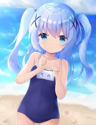 Rule 34 | 1girl, beach, blue eyes, blue hair, blue one-piece swimsuit, clenched hands, commentary, gochuumon wa usagi desu ka?, hair ornament, hairclip, highres, kafuu chino, long hair, looking at viewer, nekopurin (nyanko prin), ocean, one-piece swimsuit, outdoors, school swimsuit, solo, swimsuit, two side up, water