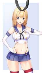 Rule 34 | 1girl, black neckerchief, black panties, blonde hair, blue eyes, blue sailor collar, blue skirt, blush, breasts, cleavage, collarbone, cosplay, cowboy shot, hair between eyes, highleg, highleg panties, highres, kantai collection, large breasts, looking at viewer, mesera, navel, neckerchief, open mouth, panties, pleated skirt, rodney (kancolle), sailor collar, school uniform, serafuku, shimakaze (kancolle), shimakaze (kancolle) (cosplay), short hair, skirt, solo, striped clothes, striped thighhighs, thighhighs, underwear