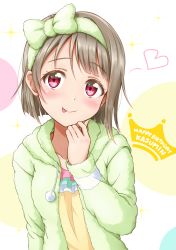 Rule 34 | 1girl, arm up, blush, bob cut, bow, brown hair, character name, ckst, collarbone, crown (symbol), fluffy, frills, green bow, hair bow, hairband, happy birthday, heart, highres, jacket, love live!, love live! nijigasaki high school idol club, nakasu kasumi, open clothes, open jacket, pom pom (clothes), red eyes, shirt, short hair, simple background, smile, solo, sparkle, tassel, tongue, tongue out, upper body, white background, yellow shirt
