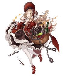 Rule 34 | 1girl, :d, apple, basket, blonde hair, bonnet, bottle, chain, collar, cuffs, dagger, dress, flower, food, frills, fruit, full body, gloves, hand saw, ji no, knife, lolita fashion, looking at viewer, mary janes, official art, open mouth, orange eyes, pantyhose, puffy sleeves, red riding hood (sinoalice), ribbon, saw, scissors, shackles, shoes, sinoalice, smile, solo, spiked collar, spikes, teeth, torture instruments, transparent background, upper teeth only, weapon