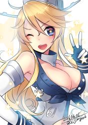 Rule 34 | 10s, 1girl, ;3, anchor symbol, bad id, bad pixiv id, bare shoulders, blonde hair, blue eyes, blush, breasts, cleavage, elbow gloves, eyebrows, fingerless gloves, gloves, ieki, iowa (kancolle), kantai collection, large breasts, long hair, one eye closed, open mouth, smile, solo, star-shaped pupils, star (symbol), symbol-shaped pupils, upper body, v