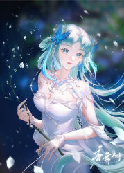 Rule 34 | 1girl, absurdres, artist request, bare shoulders, blue eyes, blue hair, bracelet, branch, butterfly hair ornament, closed mouth, douluo dalu, dress, glint, hair ornament, hair rings, highres, holding, holding branch, jewelry, long hair, necklace, second-party source, smile, solo, tang wutong (douluo dalu), tassel, tassel hair ornament, upper body, white dress