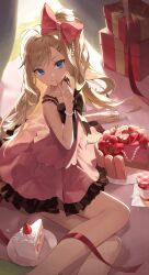 Rule 34 | 1girl, absurdres, aimitkkays, bare shoulders, black bow, blonde hair, blue eyes, blush, bow, box, bracelet, cake, cake slice, choker, closed mouth, collarbone, dress, feet out of frame, finger to mouth, fingernails, food, fork, fruit, gift, gift box, hair ornament, hairpin, highres, holding, holding fork, jewelry, light smile, long hair, looking at viewer, lying, nail polish, on floor, on side, original, pearl bracelet, pearl choker, pearl hair ornament, pink bow, pink dress, pink nails, pleated dress, ponytail, side ponytail, sleeveless, sleeveless dress, smile, solo, strawberry