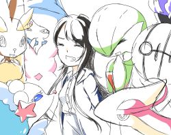 Rule 34 | 4girls, :3, ^ ^, animal ears, black hair, blue eyes, blue hair, blue jacket, bob cut, body fur, breasts, brown fur, buttons, chandelure, closed eyes, collared shirt, colored skin, creatures (company), female focus, furry, furry female, game freak, gardevoir, gem, gen 3 pokemon, gen 4 pokemon, gen 5 pokemon, gen 7 pokemon, gen 8 pokemon, green hair, green skin, grey skirt, grin, hair over one eye, hand to own mouth, hands together, hands up, happy, hatterene, jacket, long hair, long sleeves, lopunny, milotic, muguet, multicolored skin, multiple girls, nintendo, open clothes, open jacket, open mouth, original, pearl (gemstone), pink hair, pokemon, pokemon (creature), primarina, rabbit ears, rabbit girl, shirt, simple background, skirt, small breasts, smile, solo focus, standing, starfish, teeth, two-tone fur, two-tone skin, upper body, v-shaped eyebrows, very long hair, white background, white eyes, white skin, yellow fur
