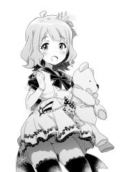 Rule 34 | ahoge, back bow, blush, bow, bowtie, clenched hand, commentary request, crown, dress, floral print, greyscale, hair bow, hair ornament, hand up, highres, holding, holding toy, idolmaster, idolmaster million live!, looking at viewer, minazuki tooru, monochrome, open mouth, panties, pantyshot, polka dot, polka dot bow, puffy short sleeves, puffy sleeves, sailor collar, short hair, short sleeves, solo, sparkle, star (symbol), stuffed animal, stuffed toy, suou momoko, teddy bear, thighhighs, toy, underwear
