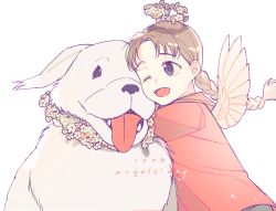 Rule 34 | 1girl, ;d, alexander (fma), angel day, angel wings, animal, animal hug, arms around neck, braid, brown hair, child, commentary request, dated, dog, english text, floating hair, flower, fullmetal alchemist, happy, head wreath, hug, in ventus, korean commentary, looking at another, nina tucker, one eye closed, open mouth, parted bangs, purple eyes, red shirt, shaded face, shadow, shirt, simple background, smile, solo, text focus, tongue, tongue out, upper body, white background, white flower, wings, yellow flower