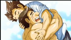 Rule 34 | 2boys, bara, black border, blue background, bombom, border, brown hair, closed eyes, collared shirt, crying, facial hair, game cg, holding, hug, long sideburns, male focus, multiple boys, muscular, muscular male, official art, open mouth, outline, shirt, short hair, shoukan yuusha to f-kei kareshi, sideburns, sideburns stubble, sleeves rolled up, stubble, tears, teeth, thick eyebrows, upper body, upper teeth only, white outline, white shirt