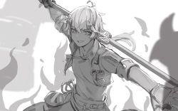 Rule 34 | ahoge, arm up, commentary request, copyright request, cropped jacket, fire, greyscale, hair between eyes, hair ornament, holding, jacket, long hair, looking at viewer, low ponytail, monochrome, open clothes, open jacket, parted lips, ponytail, seramikku, shirt, short sleeves, smile, solo, white background