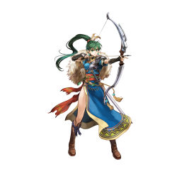 Rule 34 | 1girl, absurdres, aqua eyes, armor, arrow (projectile), belt, boots, bow (weapon), breasts, brown footwear, cape, closed mouth, earrings, elbow gloves, feathers, fingerless gloves, fire emblem, fire emblem: the blazing blade, fire emblem heroes, full body, fur trim, gloves, green hair, hair ornament, high ponytail, highres, holding, holding bow (weapon), holding weapon, jewelry, knee boots, long hair, looking away, lyn (fire emblem), medium breasts, nintendo, official art, sheath, sheathed, shoulder armor, shoulder pads, side slit, simple background, solo, standing, wada sachiko, weapon, white background
