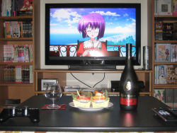 Rule 34 | 00s, 2d dating, alcohol, brandy, ef (visual novel), eyepatch, food, game console, gamecube, highres, lonely, meal, new year, otaku, photo (medium), playstation 3, product placement, shindou chihiro, solo, wine