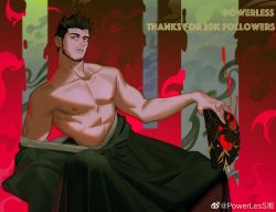 Rule 34 | 1boy, abs, absurdres, bara, bare pectorals, beard, black hair, black kimono, facial hair, feet out of frame, fire, hakama, hakama short skirt, hakama skirt, hand fan, highres, holding, holding fan, japanese clothes, kimono, large pectorals, leaning to the side, male focus, mature male, milestone celebration, muscular, muscular male, nipples, open clothes, open kimono, original, pectorals, pink fire, powerlesssong, red eyes, short hair, skirt, solo, stomach, undressing