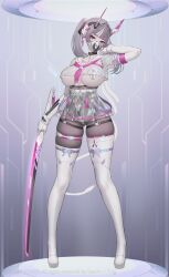 Rule 34 | 1girl, absurdres, black pantyhose, blunt bangs, breasts, cyberpunk, elbow gloves, gloves, grey hair, harness, headgear, highres, holding, holding sword, holding weapon, large breasts, looking at viewer, mask, mouth mask, original, pantyhose, pink eyes, pleated skirt, sailor collar, see-through, see-through shirt, see-through skirt, skirt, solo, suerte, sword, thighhighs, twintails, weapon, white gloves, white thighhighs