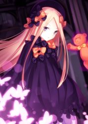 Rule 34 | 1girl, abigail williams (fate), black bow, black dress, black hat, blonde hair, bloomers, blue eyes, blush, bow, bug, butterfly, commentary request, dress, fate/grand order, fate (series), hair bow, hands in opposite sleeves, hat, head tilt, highres, insect, long hair, long sleeves, looking at viewer, minamina, orange bow, parted bangs, parted lips, polka dot, polka dot bow, solo, stuffed animal, stuffed toy, teddy bear, underwear, very long hair, white bloomers