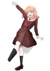 Rule 34 | 1girl, absurdres, aqua eyes, arm up, black socks, brown dress, brown footwear, commentary request, cropped legs, dress, hasu no sora school uniform, highres, hinoshita kaho, link! like! love live!, loafers, long sleeves, looking at viewer, love live!, medium hair, neckerchief, open mouth, orange hair, red neckerchief, repurika, sailor collar, school uniform, shoes, socks, solo, upper body, virtual youtuber, white background, white sailor collar, winter uniform