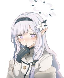 Rule 34 | 1girl, black gloves, black hairband, blue archive, blush, flower, gloves, grey hair, hair flower, hair ornament, hair tubes, hairband, halo, hand on own chin, highres, himari (blue archive), jacket, long hair, looking at viewer, mole, mole under eye, off shoulder, parted lips, pointy ears, portrait, purple eyes, simple background, sketch, solo, striped clothes, striped hairband, sweatdrop, torityan 1123, white background, white jacket