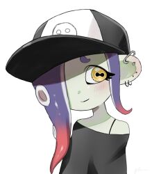 Rule 34 | 1girl, artist name, baseball cap, blue hair, blush, bra strap, cephalopod eyes, closed mouth, colored skin, dedf1sh, earrings, furrowed brow, gradient hair, green skin, hair over one eye, hat, highres, horizontal pupils, jewelry, multicolored hair, multiple earrings, nintendo, no eyewear, octoling, off shoulder, plum0o0, red hair, sanitized (splatoon), short eyebrows, signature, simple background, single bare shoulder, smile, solo, splatoon (series), suction cups, tentacle hair, two-tone hair, upper body, white background, yellow eyes