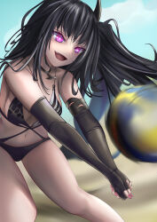 Rule 34 | 1girl, absurdres, architect (girls&#039; frontline), architect (nvw model) (girls&#039; frontline), ball, beach, black gloves, black hair, black one-piece swimsuit, breasts, cloud, commentary request, day, elbow gloves, fang, feet out of frame, fingernails, girls&#039; frontline, gloves, hair ornament, highres, jewelry, large breasts, long hair, motion blur, nail polish, navel, necklace, one-piece swimsuit, open mouth, outdoors, partially fingerless gloves, pi4 pi yo, pink nails, pinstripe pattern, playing sports, purple eyes, sand, sangvis ferri, side ponytail, solo, standing, striped bikini top, swimsuit, teeth, upper teeth only, very long hair, volleyball, volleyball (object)