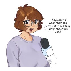 Rule 34 | 1girl, 1other, 2022, :d, absurdres, breasts, commentary, english commentary, english text, grey shirt, highres, holding, holding microphone, large breasts, long sleeves, looking at viewer, microphone, open mouth, original, portrait, profanity, shirt, short hair, signature, smile, snowcie, snowciel, solo focus