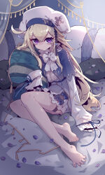 Rule 34 | 1girl, absurdres, ahoge, barefoot, beret, blonde hair, blue capelet, blush, bow, bowtie, capelet, closed mouth, crossed bangs, feet, fringe trim, furrowed brow, hair between eyes, hat, highres, imazawa, knees together feet apart, legs, long hair, long sleeves, looking at viewer, miniskirt, on bed, original, petals, pillow, pleated skirt, purple eyes, raised eyebrows, shirt, sidelocks, sitting, skirt, sleeves past fingers, sleeves past wrists, solo, straight hair, thigh strap, toes, white bow, white bowtie, white hat, white shirt, white skirt