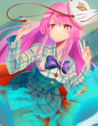 Rule 34 | 1girl, absurdres, aqua shirt, blurry, blurry background, bow, buttons, circle, double v, equality taira, expressionless, fox mask, hata no kokoro, highres, long hair, long sleeves, looking at viewer, mask, mask on head, orange skirt, pink hair, plaid, plaid skirt, puffy long sleeves, puffy sleeves, purple bow, red eyes, shirt, shirt bow, skirt, solo, star (symbol), touhou, triangle, upper body, v, white mask, x