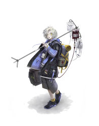 Rule 34 | 1girl, absurdres, backpack, bag, bags under eyes, blood, blood bag, charles (106858), full body, highres, hood, id card, iv stand, jacket, open mouth, original, oversized clothes, pale skin, pet carrier, shoes, short hair, shorts, simple background, sneakers, solo, standing, syringe, tomboy, veins, white background, white hair, yellow eyes, zombie